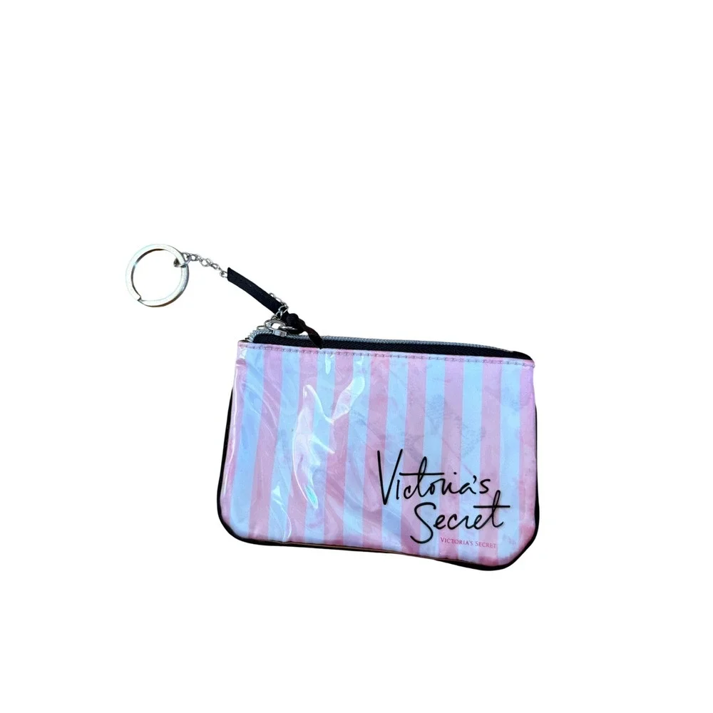 Victorias Secret Pink White Stripe Coin Purse Keychain Wallet Zip Pouch - Picture 1 of 4